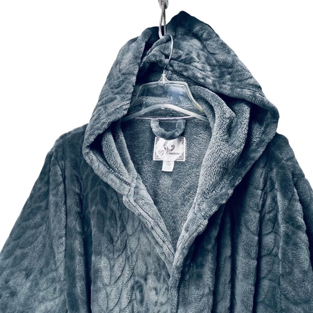 PJ Couture Hooded Plush Robe Belt Tie Quilted L/XL Gray Sleepware Pockets - Picture 2 of 13